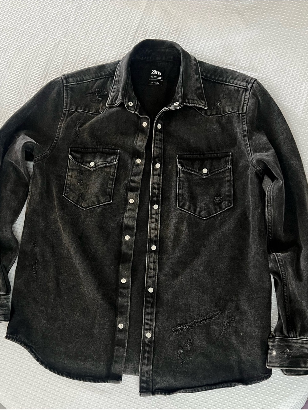 Zara Black Distressed Denim Shirt Jacket